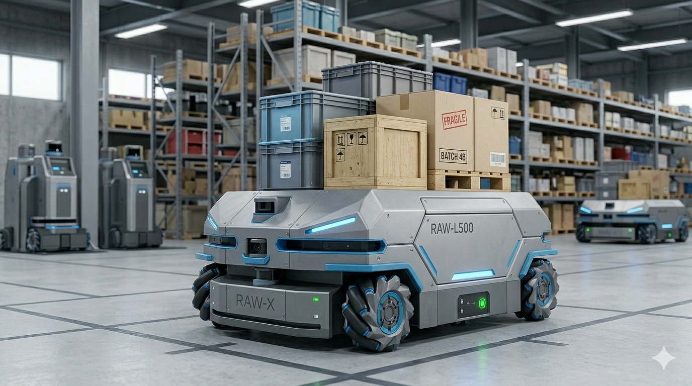RAW-L500 mobile logistics platform carrying boxes through a warehouse aisle